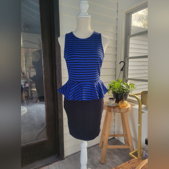 Sm Forever 21 Blue Black Stripe Peplum Dress - Picture 1 of 3